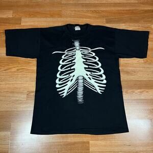Vintage 90s SKELETON RIB CAGE Black T-Shirt Men’s‎ Sz L Halloween Tee